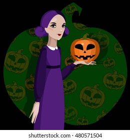 Girl holding carved Halloween pumpkin. 