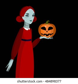 Girl holding carved Halloween pumpkin. 