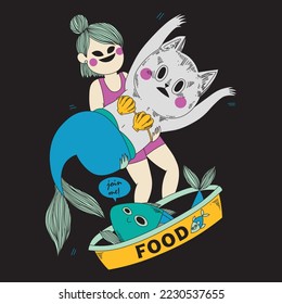 A girl holding cat dressed as a mermaid before fish in a bowl. Vector illustration.