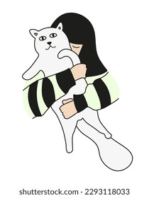 Girl holding a cat, flat vector illustration. Happy woman hugging her pet, animal care and love