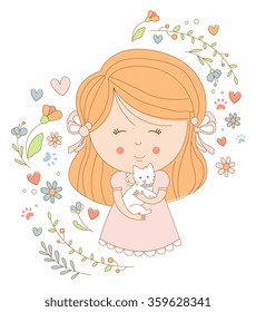 Girl Holding a Cat, Flat Vector Illustration