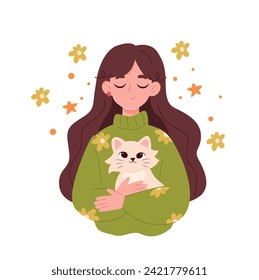 girl holding a cat in her arms. girl with cats. pet owners