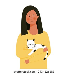 Chica sosteniendo personaje de ilustración de gato. Las mujeres aman a los gatos ilustración arte vectorial.