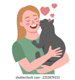 The girl is holding a cat, the cat licks the girl's face. Pet love. Flat vector illustration