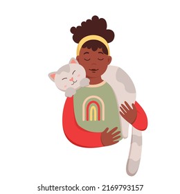 Girl holding cat on shoulder and neck vector illustration. Cartoon isolated young female pet owner smiling and hugging animal, kid and kitty cuddle, happy two friends standing and playing together