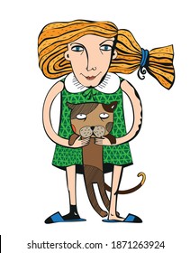 Girl holding a cat on a white background
