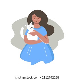 girl holding a cat - vector illustration. pet and girl. woman hugging a white kitten