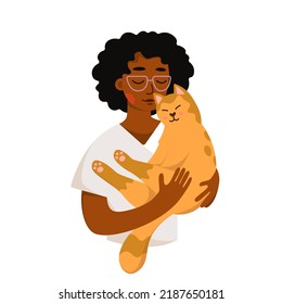 Girl holding cat vector illustration. Cartoon isolated young happy woman character with glasses carrying cute little pet, hugs, leisure and love emotions of friends, lady and kawaii companion