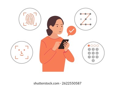 The girl is holding a cell phone. Cybersecurity icons. Symbols of different ways to protect phones and computers. Vector illustration in flat style. Business and communication