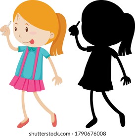 Girl holding chalk with its outline and silhouette illustration