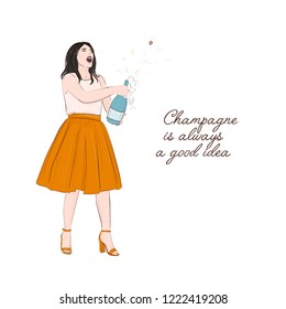 Girl holding champagne bottle quote. Magazine trendy illustration with woman and alcohol bottle. Champagne explosion Christmas sketch. Birthday girl greeting card