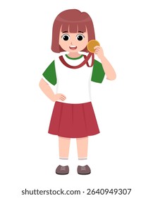 A girl holding a champion medal with a big smile
