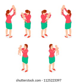 The girl is holding a child. A young mother with a child in different angles isometric.
