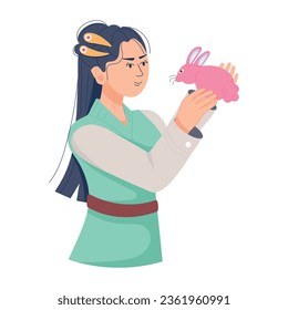 Girl holding chinese rabbit, flat style illustration 