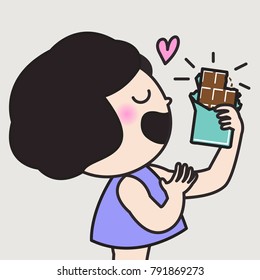 Girl Holding A Chocolate Bar With Love. Girl Showing That She Doesn't Want Nothing Except Her Favorite Treat Concept Card Character illustration