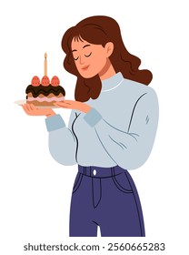 Girl holding a chocolate cake with strawberries and a candle.