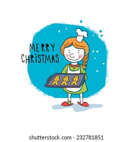 Girl holding Christmas cookies. Vector illustration