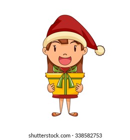 Girl holding christmas gift, vector illustration