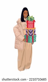 Girl holding Christmas gifts stack in wrappings. Happy woman with many, lot of present boxes, preparing for Xmas, New Year, winter holiday. Vector realistic illustration isolated on white background.