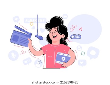 The girl is holding a clapperboard in her hands. Blogger. Flat style. Vector illustration