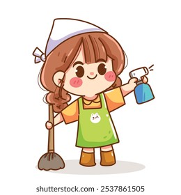 Girl holding cleaning equipment housekeeping, hand drawn cartoon, vector illustration