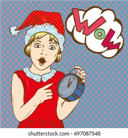 Girl holding clock and waiting for christmas or new year. Clock with 5 minutes to midnight time. Vector illustration in comic retro pop art style. Holiday concept poster or card.