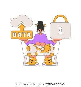 Girl holding cloud data safe with padlock.