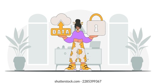 Niña con candado de almacenamiento en la nube, estilo de carácter vector moderno.