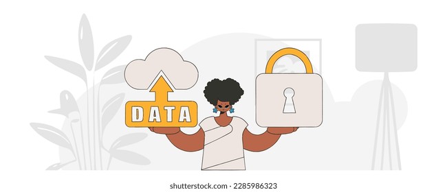 Girl holding cloud storage and padlock in modern vector style.