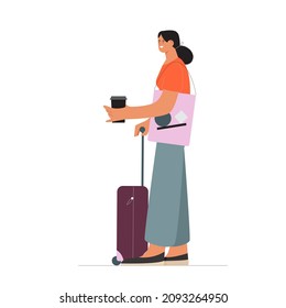 Girl holding coffee cup and waiting for the flight with suitcase. Flat vector illustration