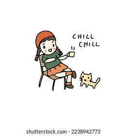 Girl holding coffee sitting with cat. Cartoon and Illustration vector