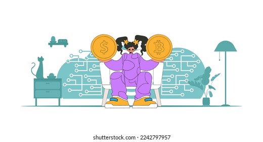 The girl is holding a coin of bitcoin and dollar. Theme of interaction with digital monetary assets.