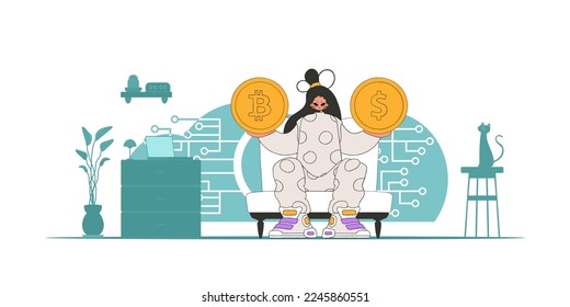 The girl is holding a coin of bitcoin and dollar. Cryptocurrency and fiat exchange theme.