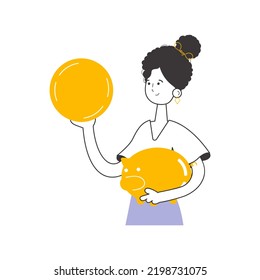 The girl is holding a coin and a piggy bank in her hands. The theme of saving money. Linear style. Isolated. Vector.