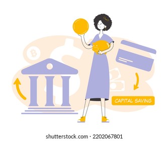 The girl is holding a coin and a piggy bank in her hands. The theme of saving money. Linear trendy style.