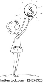 Girl holding a coin. Reach for the dollar.