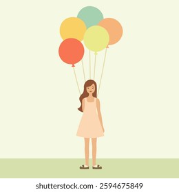 Girl holding colorful balloons. Vector illustration.