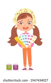 Girl holding colour palette for painting in kindergarten. Kid doing creative art in school vector illustration. Little happy child isolated on white background, cans on floor.