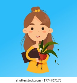 girl holding a computer and a pot of flowers in her hands. hobby.