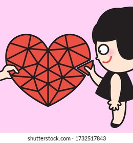 Girl Holding And Connecting A Jigsaw Piece Of Puzzling Geometric Heart Shapes. Valentine Concept Card Character illustration