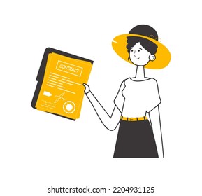 The girl is holding a contract in her hands. Linear trendy style. Isolated. Vector illustration.