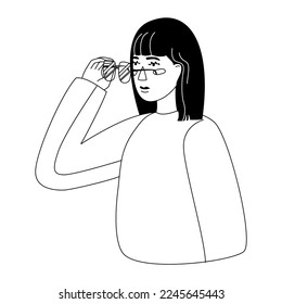 girl holding corrects glasses, , poor eyesight, cute flat illustration, character, color, glass, optics