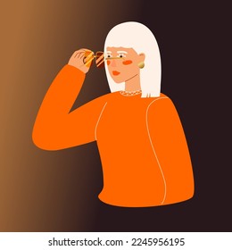 girl holding corrects glasses, poor eyesight, cute flat illustration, character, color, glass, optics