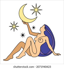 Girl holding crescent in her hand. Night sky and stars