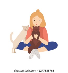 Girl holding, cuddling and stroking her cats. Young woman sitting cross-legged and playing with domestic animals. Pet owner isolated on white background. Colorful flat cartoon vector illustration.