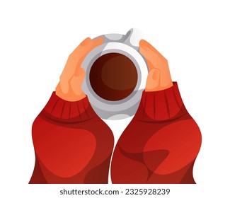 Girl holding a cup of coffee. Female hands in a warm red sweater with a mug of a drink. Hello autumn, welcome. Top view of a table in a cafe. Enjoying cosy weather. Harvest, holiday, fall. Vector