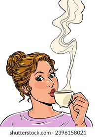 The girl is holding a cup with a hot drink. Advantageous offer for customers in cafes and restaurants. Seasonal discounts on coffee during cold times. Pop Art Retro Vector Illustration Kitsch Vintage