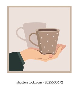  Girl is holding a cup with a pattern of polka dots. Handcrafted ceramics, cup. Vector illustration.