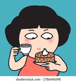 Girl Holding A Cup of Tea And A Plate Of Big Piece Of Cake In Hands Concept Card Character illustration