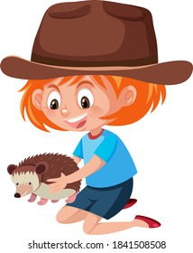 Girl holding cute animal cartoon character isolated on white background illustration